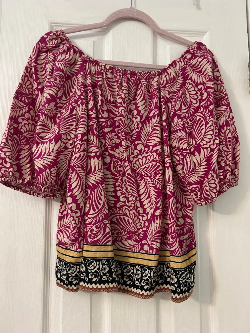 LOFT Magenta Floral Peasant Top with Embroidered Center Panel